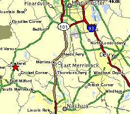 Map showing Manchester, Nashua and Amherst
